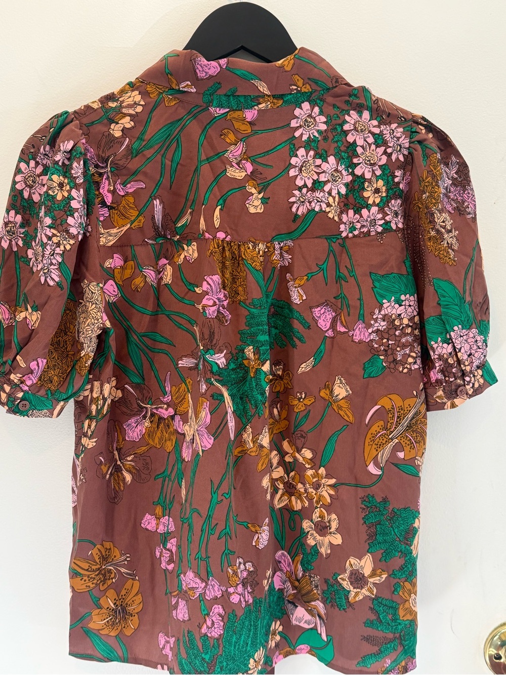 Boden Brown Floral Tie-Neck Blouse with Green and Pink Accents - Picture 4 of 4